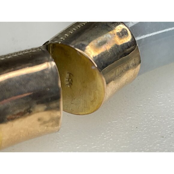 14K Gold Hinged Jadeite Bangle Bracelet 68 Grams With Safety Chain & Floral Engr - Picture 11 of 16